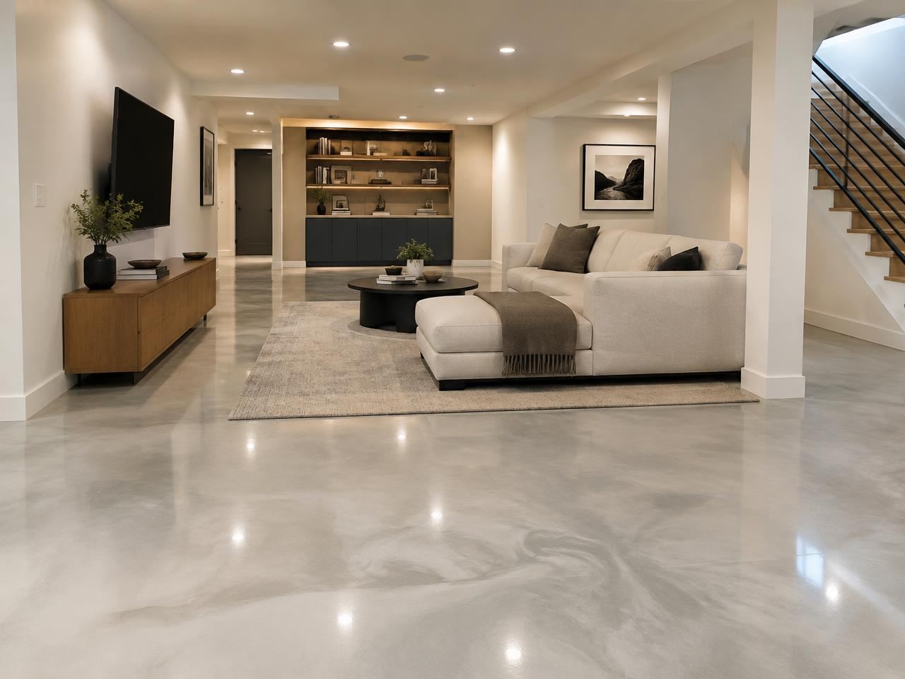 Bright basement living area with a light grey metallic epoxy floor