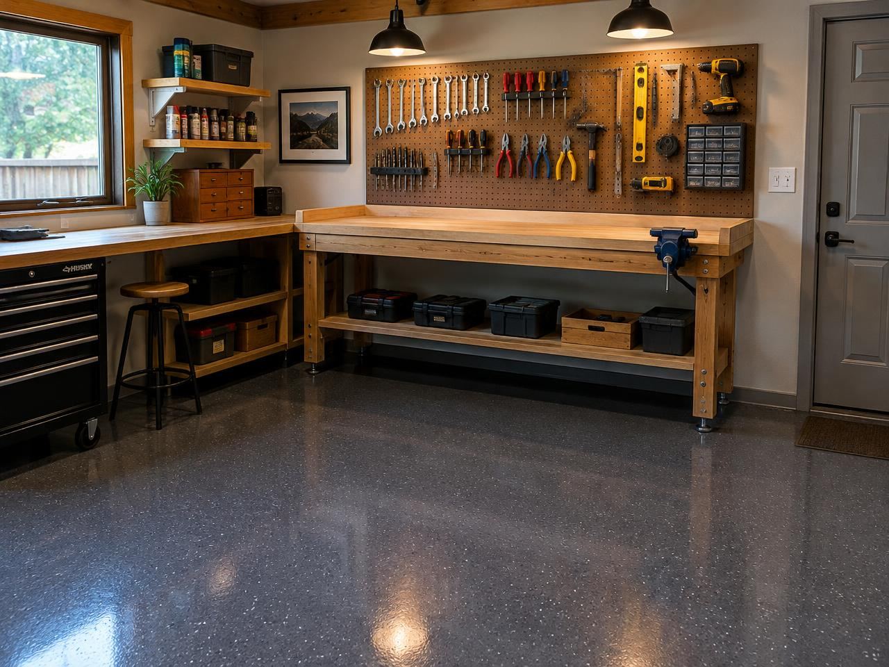 Workshop with a grey flake coated floor